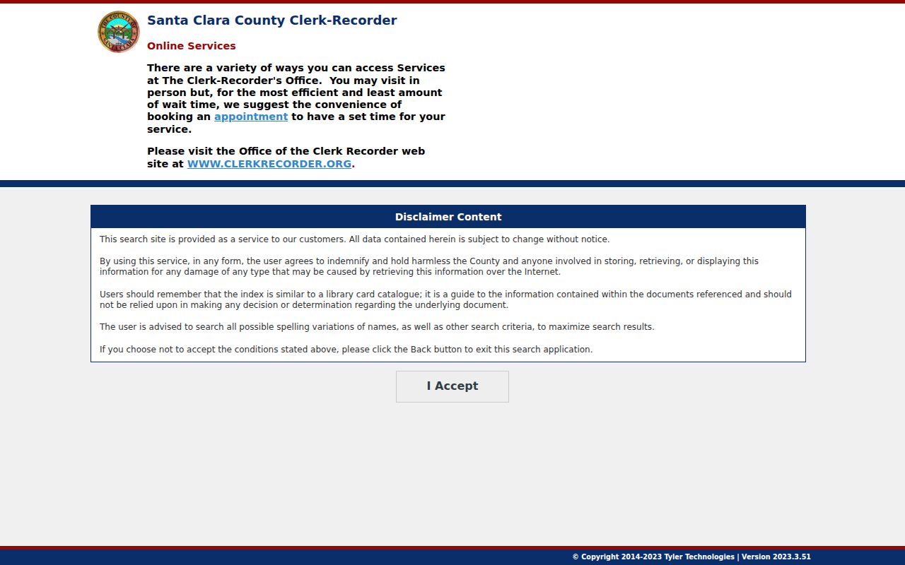 Santa Clara County people search Clerk-Recorder index notice