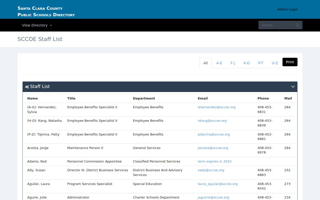 Santa Clara County people directories SCCOE staff list