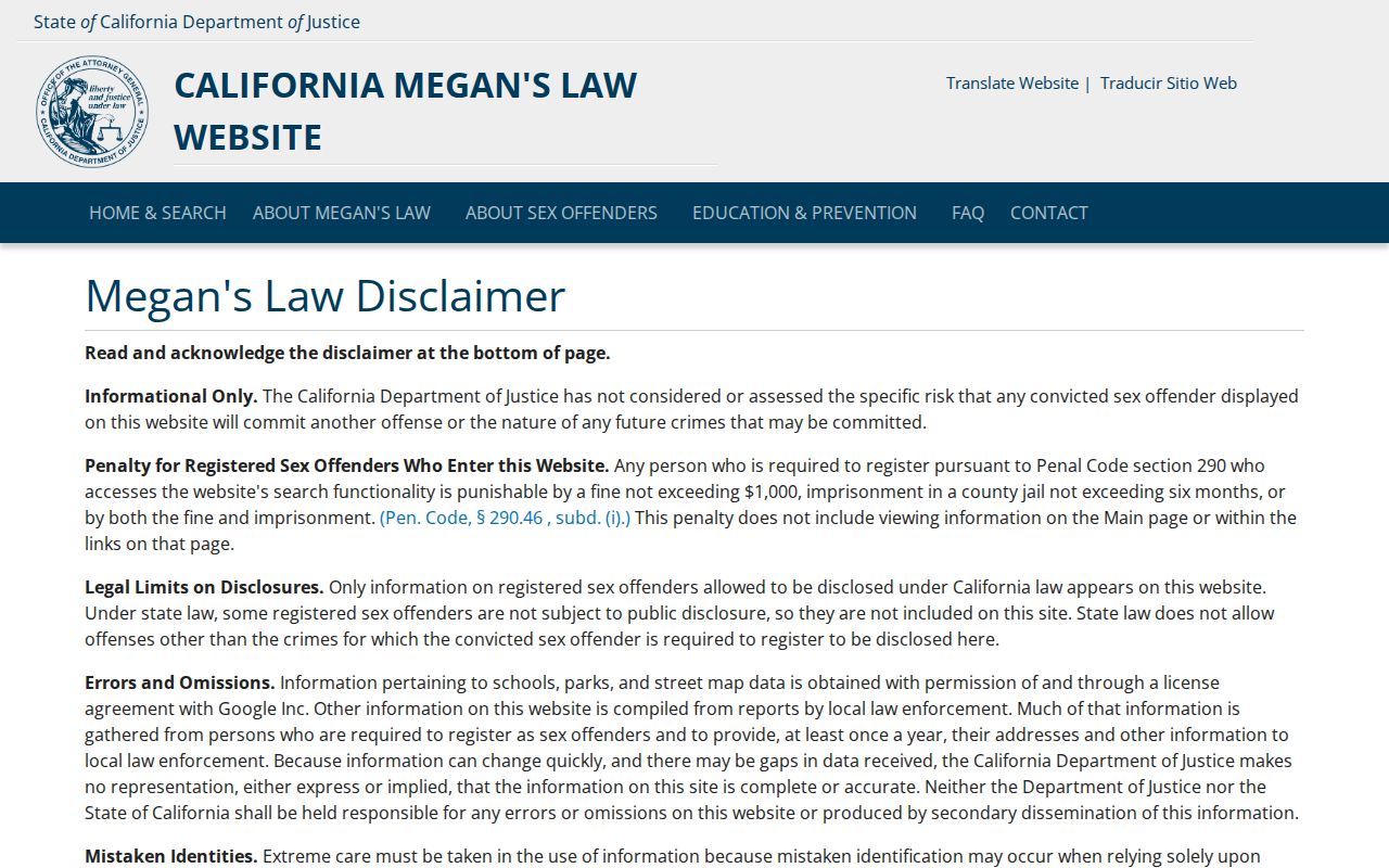 Santa Clara County public records Megan's Law registry entry