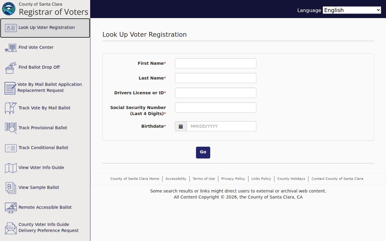 Santa Clara County voter registration records lookup form